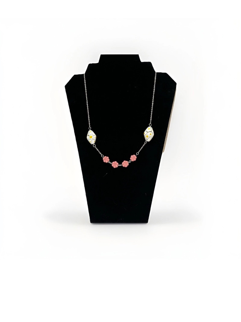 Handmade Floral Station Necklace Pink  Flowers And White Daisy Ceramic Beads